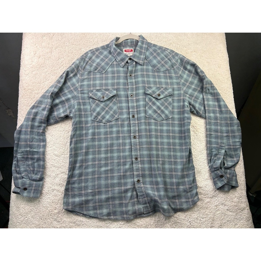 Wrangler Shirt Mens Large Blue Gray Plaid Flannel Western Pearlā Snap Pockets